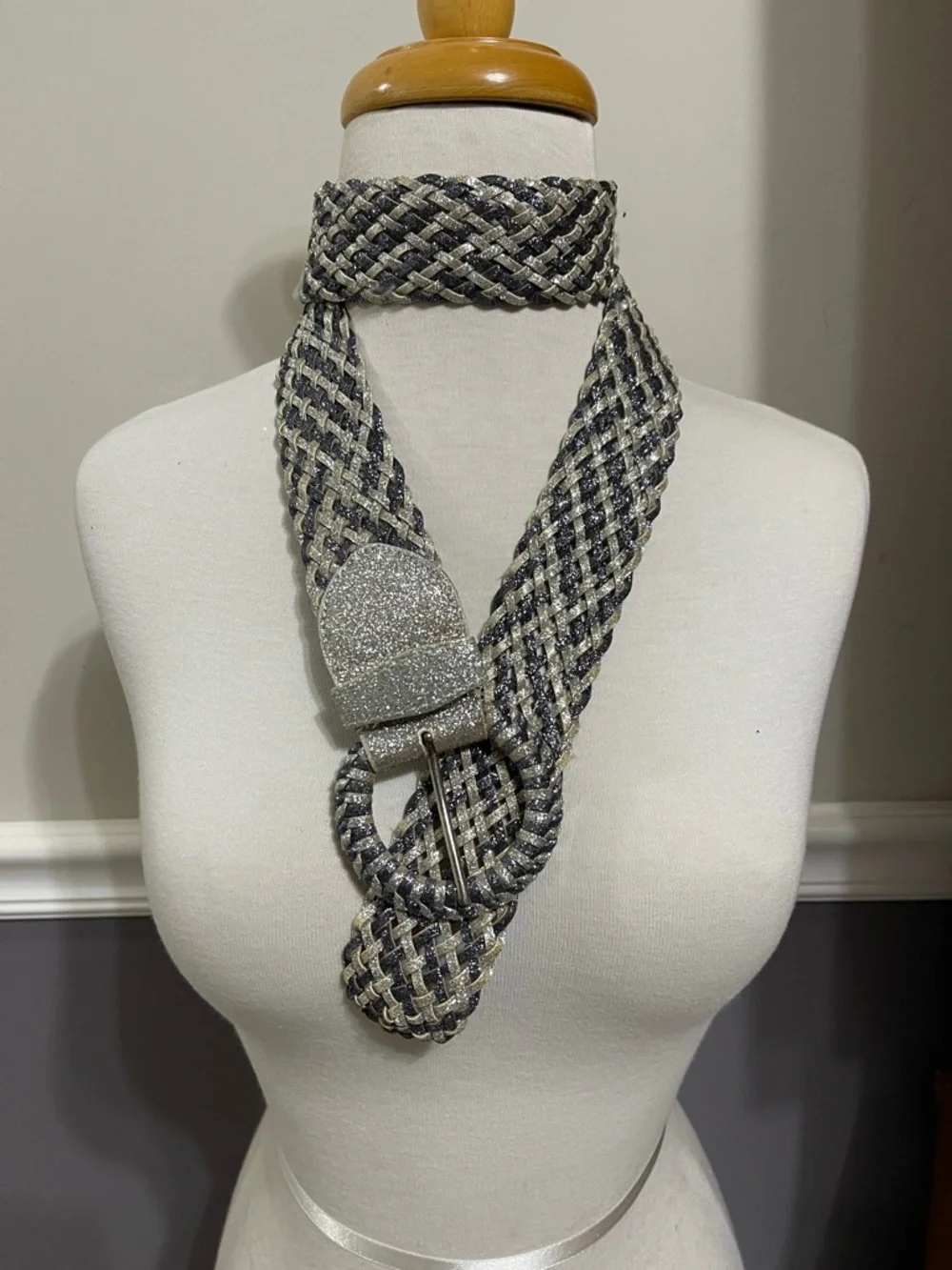 Woven Glittery Metallic Silver and Black Braided Belt